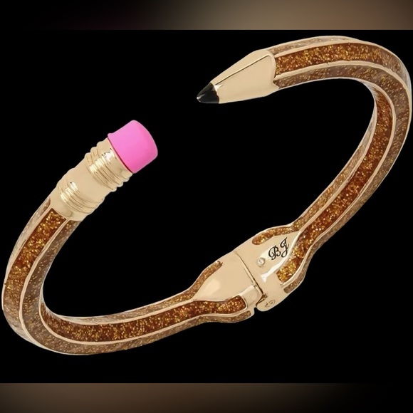 New BETSEY Johnson Gold Glitter Pencil Hinged Cuff Bracelet Back To School - Picture 3 of 16